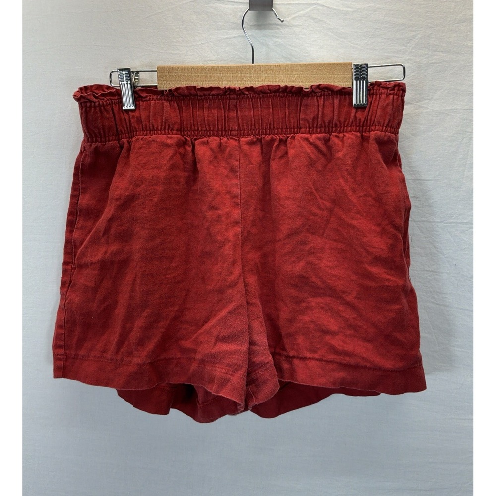 Quince Sz M 100% European Linen Red/ Rust Elastic Waist Shorts pockets 5"